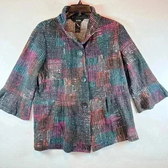 Ali Miles brushed knit peplum jacket size Large 3/4 bell sleeves artsy colorful - Picture 1 of 8